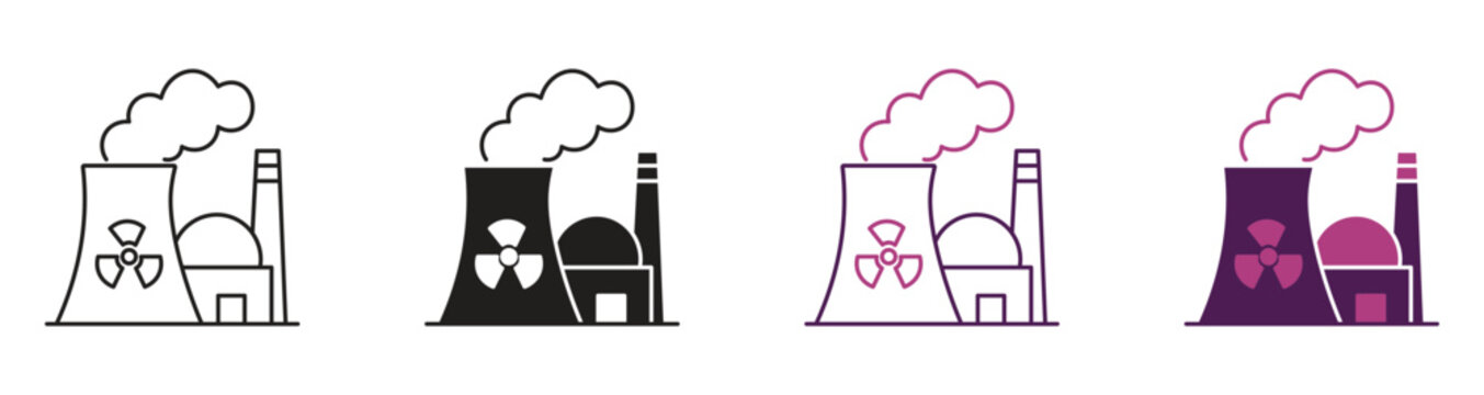  Nuclear power plant icon set. Icon of nuclear power plant with cooling towers and smoke. Vector illustration.