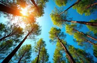 Fototapeta premium Tall pine trees reach towards a bright blue sky with sun shining through branches. Green foliage against clear sky. Upward view of forest canopy.