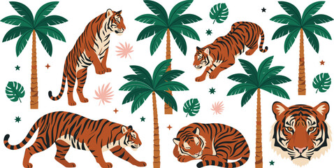 Wild tiger cartoon vector illustration collection set featuring big cats in tropical jungle with green palm trees monstera leaves and safari foliage © MdAbusufian