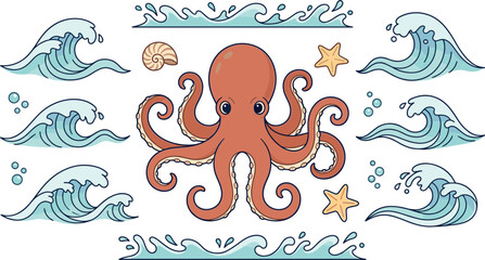 Cute Cartoon Octopus Vector Illustration Set with Ocean Waves, Sea Foam, Splashes, Bubbles, Starfish, and Shell Elements for Nautical and Marine Undersea Designs © RUBINA