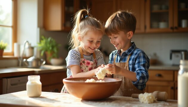Two happy kids bake bread together in a kitchen. Brother and sister mix dough in a bowl, smiling and laughing while learning new skills. They enjoy family time preparing food.