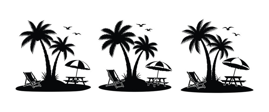 Tropical island scenery with palm trees beach and beach chairs  serene vacation relaxation