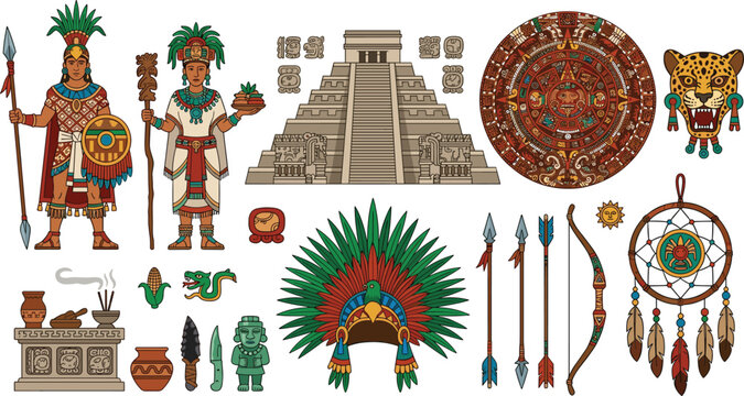 Ancient Mayan and Aztec Civilization Vector Element Set Featuring Traditional Warriors, Pyramid Temple, Calendar Wheel, Headdress, Weapons, and Cultural Icons