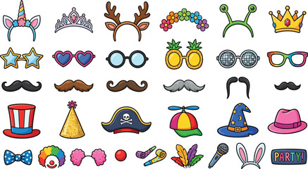Funny Birthday Party Photo Booth Props Vector Illustration Set Featuring Colorful Hats Sunglasses Mustaches Headbands Bow Ties and Costumes on White Background © rihan