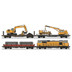 Obraz premium Industrial rail transport: construction machinery on flatbed cars, train
