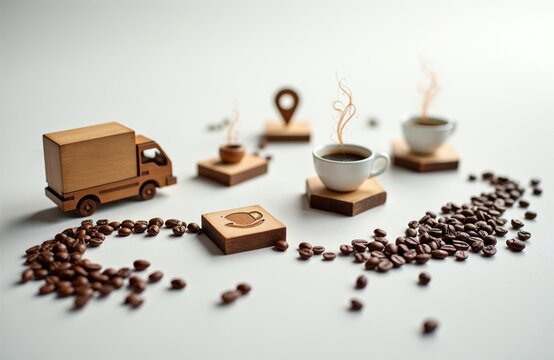 Wooden toy truck brings hot coffee beans and cups to home. Coffee delivery service process from bean to cup. Morning caffeine enjoyment on wooden table.