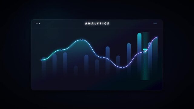 Animated financial analytics dashboard with glowing data trends and bar chart visualization