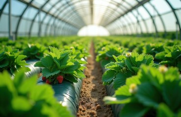 Fototapeta premium Rows of green strawberry plants grow inside a modern greenhouse. Ripe red strawberries are visible among green leaves. Sunlight streams through the tunnel structure onto the plants.