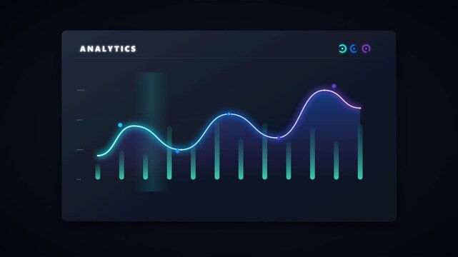 Animated financial analytics dashboard with glowing neon line graph and bar chart interface