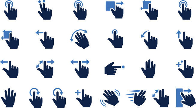 Touchscreen Hand Gestures Icon Set with Finger Swiping Clicking Pinching Zooming and Multi Touch Movements for Mobile Application and User Interface UI Designs