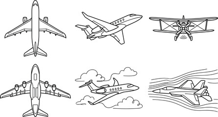 Aircraft Outline Collection with Passenger Jet Private Plane Biplane and Fighter Aircraft Aviation Vector Illustration Set © MdShakil
