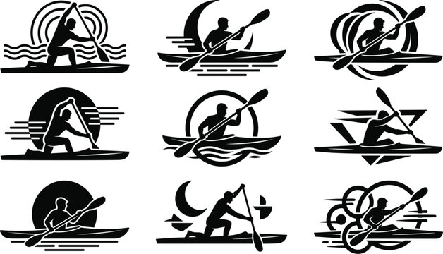 Kayaking and Canoeing Silhouette Emblem Badge Icon Set with Paddlers on Water for Extreme Sports, Outdoor Adventure, and Corporate Branding Graphic Designs