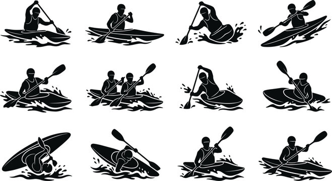 Kayaking and Canoeing Silhouette Icon Set with People Paddling in Rough Water Waves for Water Sports, Extreme Adventure, and Outdoor Recreation Designs