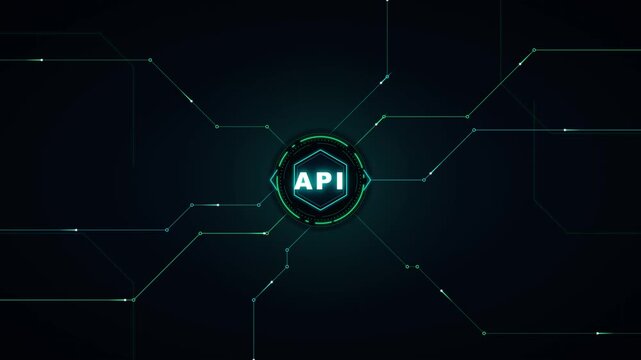 Api integration concept: digital network data flow and cyber security technology background