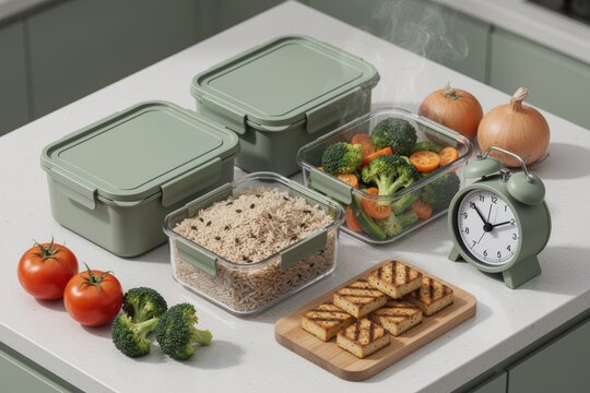 Meal prep containers with rice and vegetables in bright kitchen for home cooking