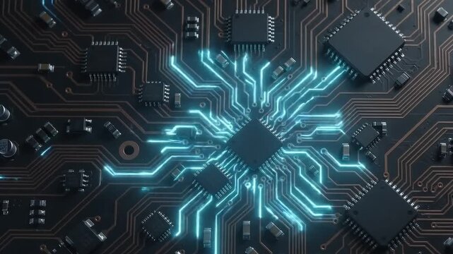Futuristic circuit board surface with energy pulses & data transmission