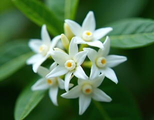 Fototapeta premium White star jasmine flowers bloom in a garden setting. Close-up macro shot reveals delicate petals and yellow centers. Green leaves provide a blurred backdrop. Natural beauty in springtime.