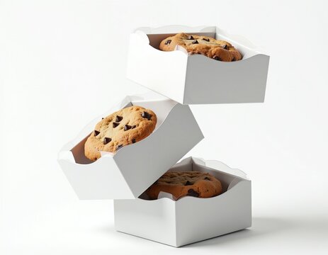 Stack of white cookie boxes with chocolate chip cookies inside. Bakery packaging for snacks and desserts. Blank boxes for branding and product mockups.