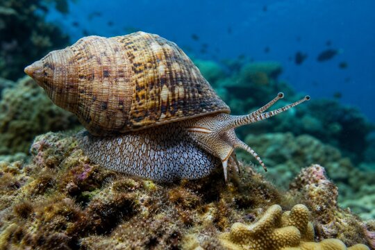 Triton snail extending its tentacles on a coral reef with a visible spiral shell.