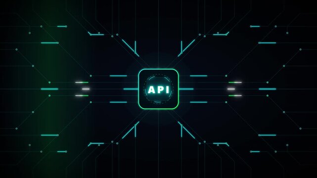 Api technology concept with digital circuit board lines and cyber security data background