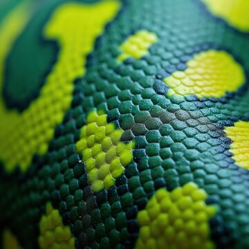 Macro shot of carpet python scales, showing intricate green and yellow patterned texture. Reptile skin detail reveals natural camouflage for wild environments.