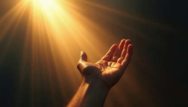 Human hand opens upward to golden sun rays breaking through dark sky. Person reaches for light beam. Hope, faith, inspiration concept. Divine glow from heaven.