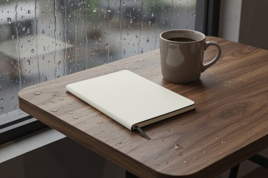 Closed notebook and coffee mug on wooden table by rainy window with copyspace