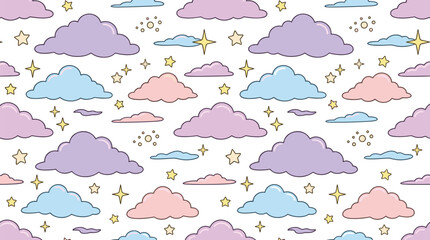 Fototapeta premium Pastel Clouds and Stars Seamless Pattern with Cute Dreamy Sky Background for Nursery Textile and Wallpaper Vector Design