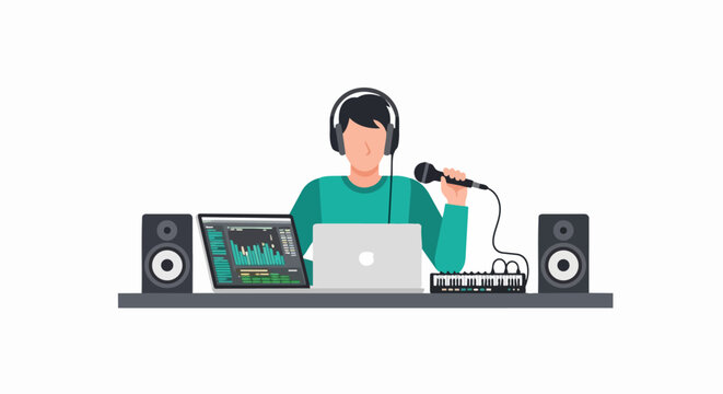 Music Producer or Podcaster Working in Home Studio with Laptop, Microphone, and Studio Monitor Speakers Flat Vector Illustration
