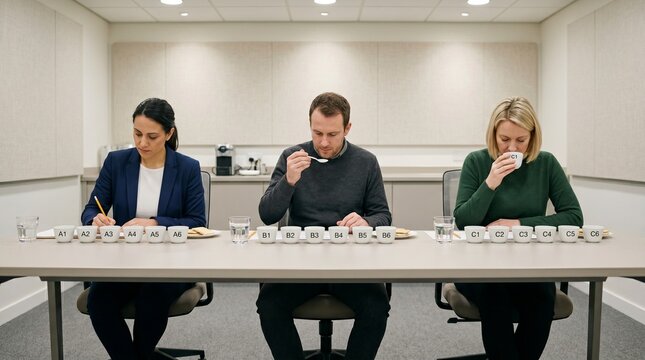 Sensory Analysts Evaluating Sample Cups In Controlled Tasting Room