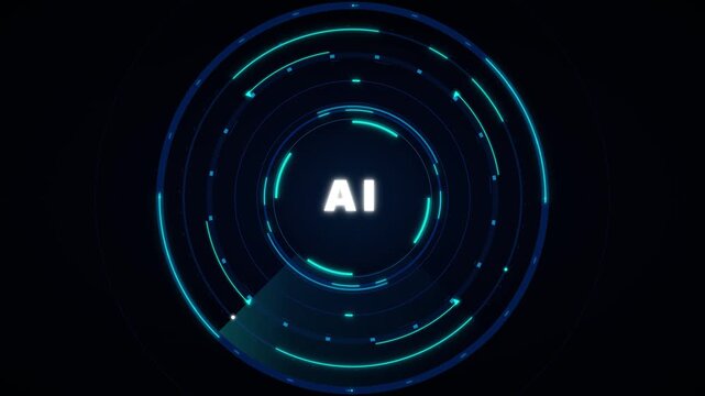Artificial intelligence digital interface hud with scanning radar circles and ai text overlay