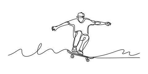 Continuous single line drawing of a young person riding a skateboard showing extreme sports action with dynamic flow and energy in a minimalist art style Vector, illustration © New Outline