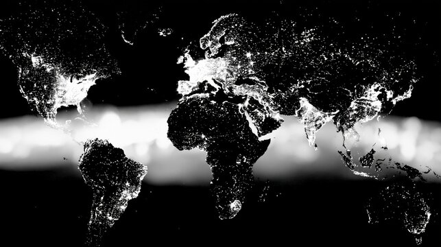 Global Map Showing Lights of Cities at Night With Regions in Darkness