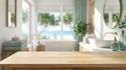 Fototapeta premium Wooden Tabletop for Product Placement in Modern Bright Bathroom with Blurred Beach View Background Interior Space.