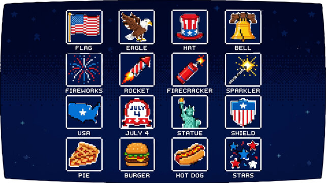 American Independence Day icons, patriotic symbols, 4th of July elements, festive illustrations