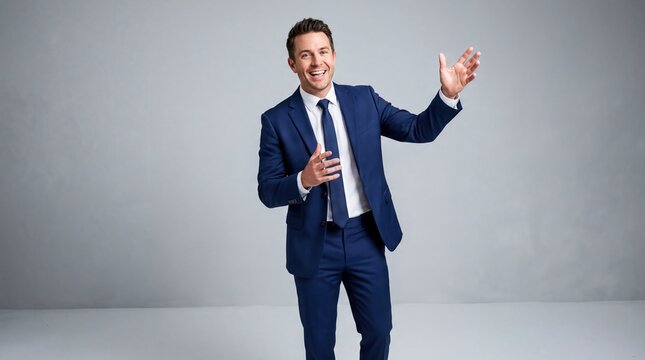sales techniques, an energetic sales professional in a navy suit delivers a persuasive pitch