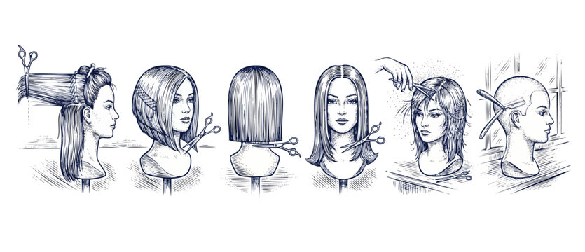 Haircut diagram vector engraving showing salon hair styling techniques featuring female mannequin heads with bob cut, layers, bangs, shaved head, and scissors tool set, isolated on a white background.