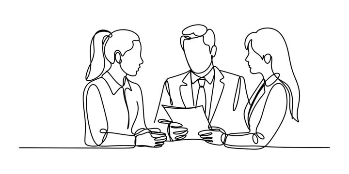 Business people team talking and working together in a meeting with documents in a continuous single line drawing style for office and corporate concept design Vector, illustration