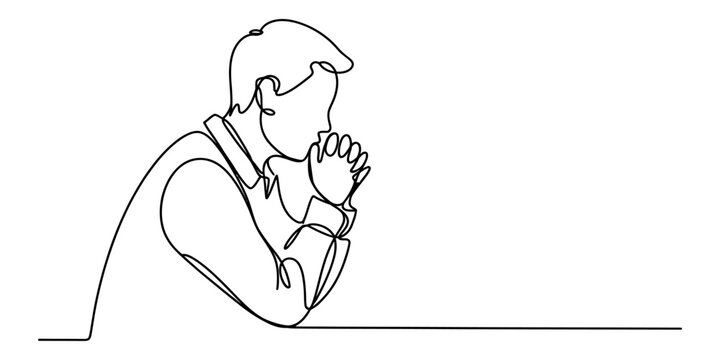 Continuous single line drawing of a man sitting and thinking with hands together in a pose of deep contemplation and reflection about life and future goals Vector, illustration