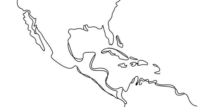 Simple line art drawing of the north american continent map showing the united states mexico and caribbean islands as a clean black outline vector illustration Vector, illustration