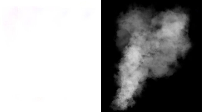 Atmospheric white smoke plume on black background, thick steam cloud texture, realistic fog and mist vapor for photo compositing and visual effects