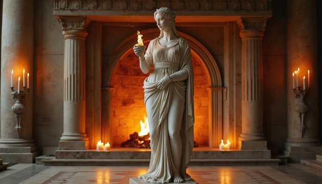 Marble statue of goddess Hestia holds flame near ancient hearth. Candles glow softly illuminating classical interior with columns. Warm home ambiance, divine hearth keeper.
