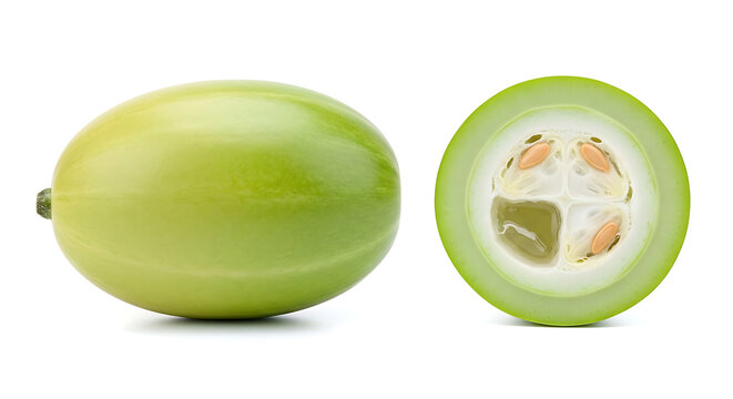 Whole and sliced winter melon isolated on white background