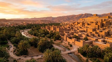 Obraz premium Moroccan ancient village kasbah at sunset, lush oasis and dry mountains