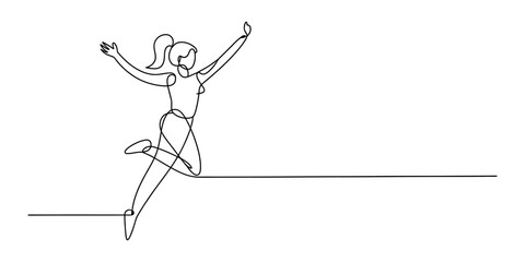 Happy woman jumping for joy in a single continuous line drawing style representing freedom and success in a simple minimalist black and white artistic design Vector, illustration © New Outline