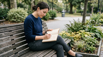 Obraz premium Office Professional Journaling on Park Bench During Quiet Nature