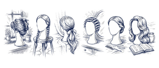 Obraz premium Female hairstyle sketch mannequin heads showing different hair styling options like braids, ponytail, rollers, updo, and claw clip in vintage line art engraving illustration for salon beauty design.