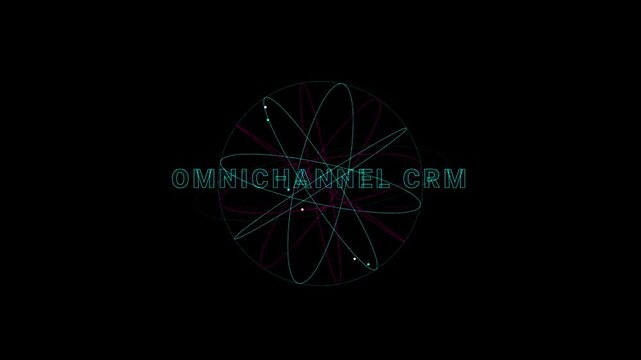 Digital wireframe atom orbit spin for omni channel CRM unified customer ecosystem data network integration technology system management communication strategy optimization concept.