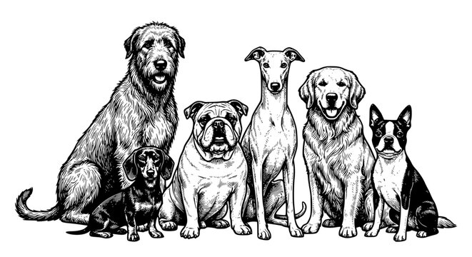 group of dogs, multiple dog breeds, golden retriever, bulldog, greyhound, boston terrier, dachshund, irish wolfhound, dog pack illustration, black and white engraving, dog family art, hand drawn vecto