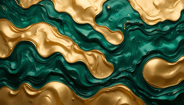 Abstract gold and emerald fluid shapes, luxury minimalism.